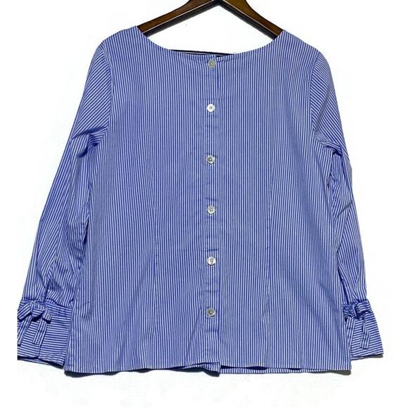 Talbots Pullover Shirt Women's Size Large Blue & White Pinstripe w/Bow on Sleeve - Picture 2 of 8
